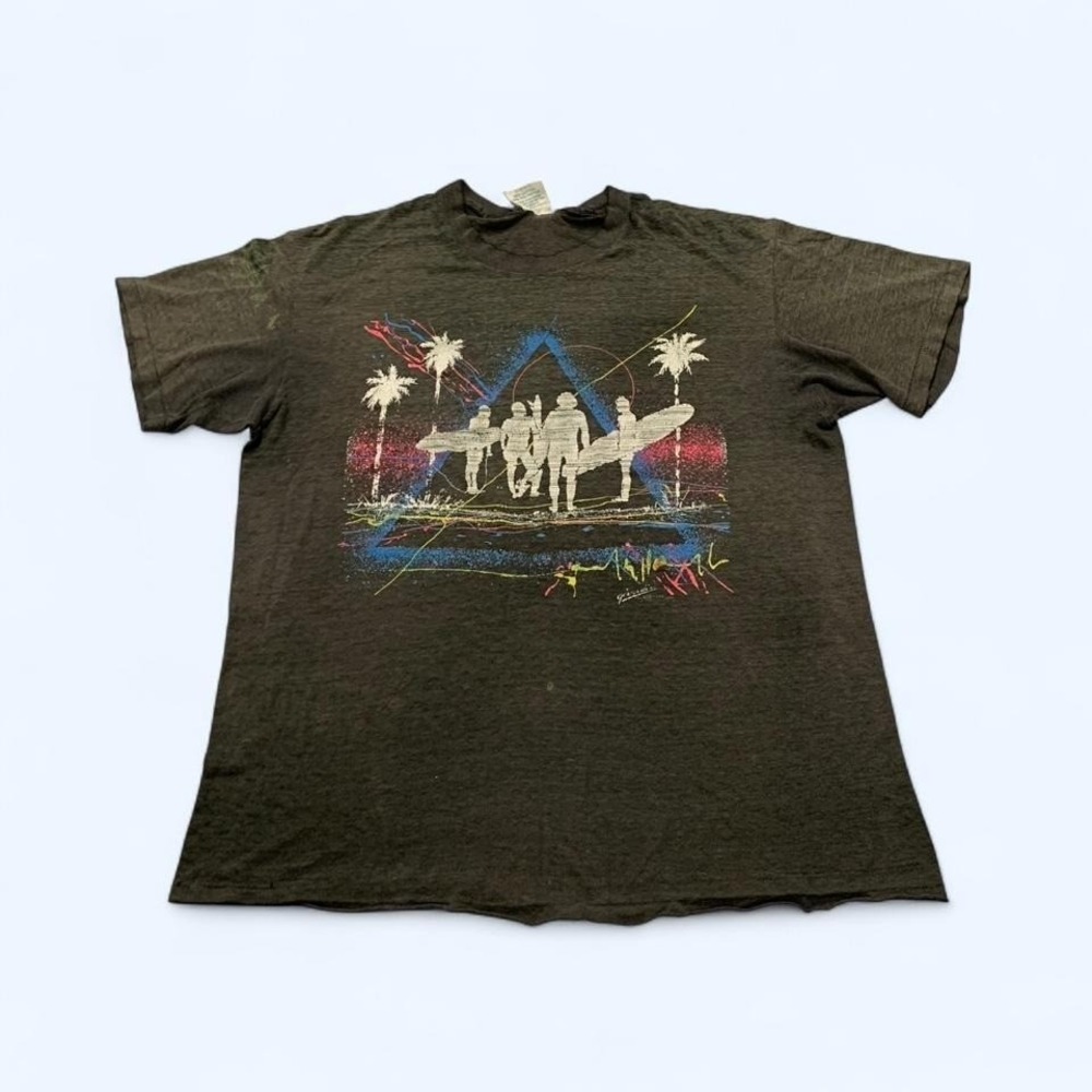 Rare Vintage 1970s Surf Art T-Shirt "Girard" Surfers Palm Trees Sz L